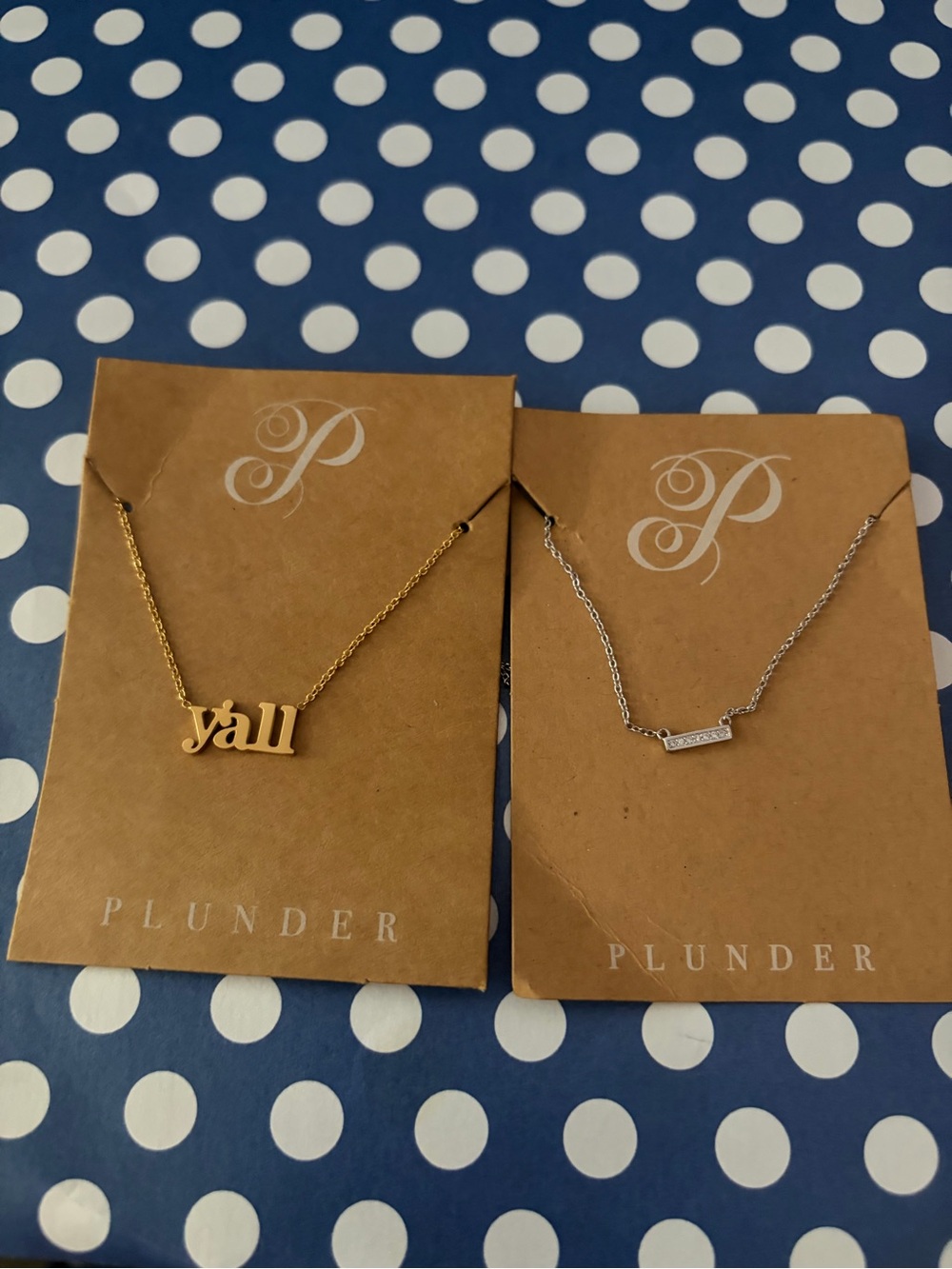 Plunder NWT Silver tone CZ Bar or “y’all” Gold tone Necklace